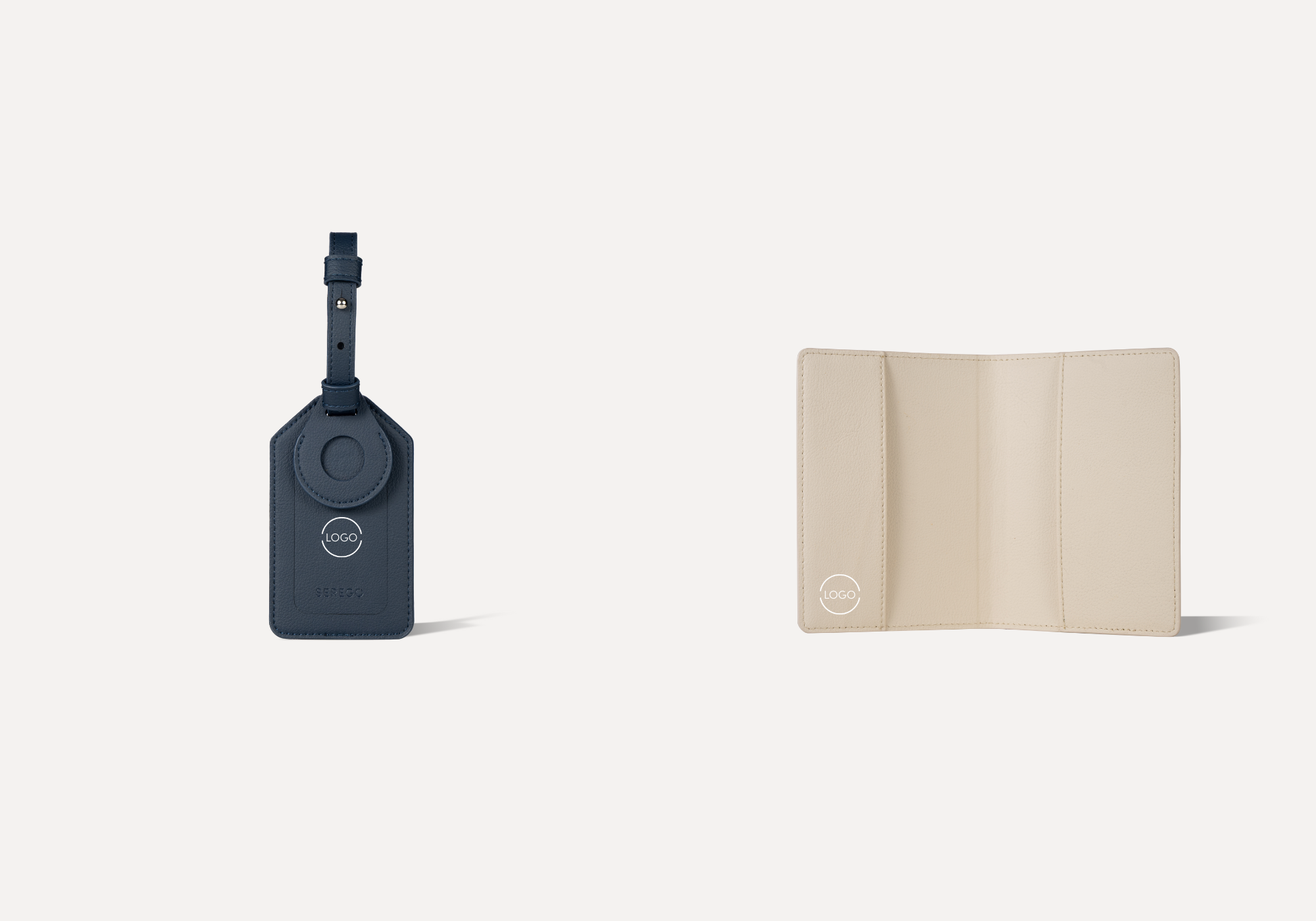 SEREGO premium corporate gifts personalized with company logo, featuring vegan leather luggage tag and passport holder