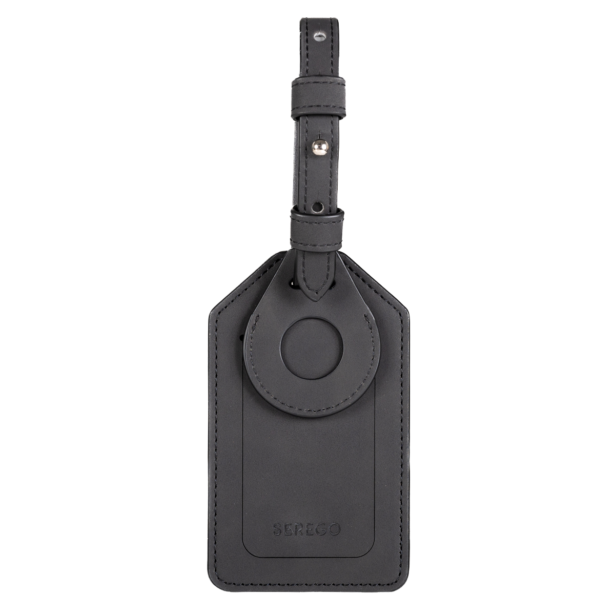 Black travel label with black stitching, airtag compartment and QR card