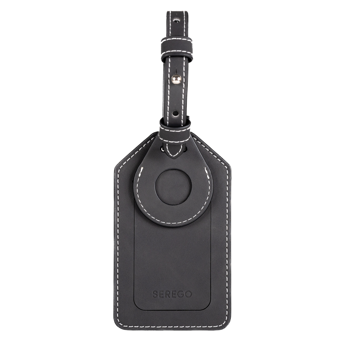 Black travel label with white stitching, airtag compartment and QR card