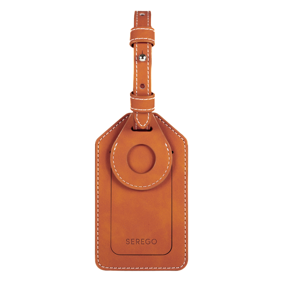 Brown travel label with white stitching, airtag compartment and QR card