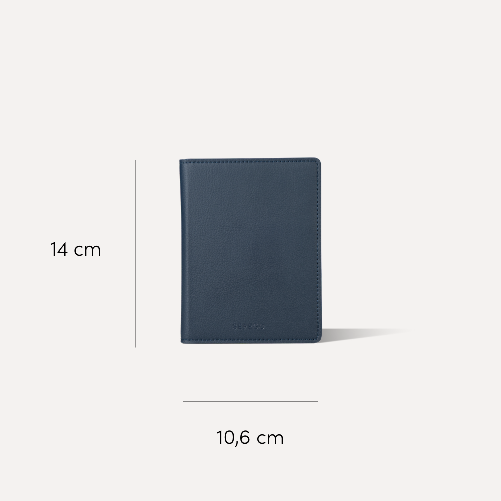 Blue vegan leather passport cover by SEREGO showing product size 14 by 10.6 cm, slim and durable travel wallet